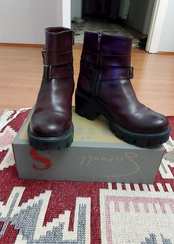 Bordo Deri Platform Topuklu Kadın Bot