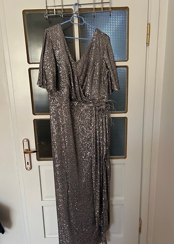 Gri Drapeli Uzun Abiye Elbise - Görsel 4