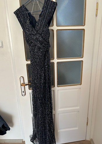 Boncuk İşlemeli Siyah Uzun Büyük Beden Abiye Elbise - Görsel 6