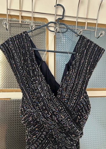 Boncuk İşlemeli Siyah Uzun Büyük Beden Abiye Elbise - Görsel 3