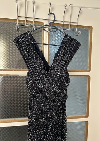 Boncuk İşlemeli Siyah Uzun Büyük Beden Abiye Elbise - Görsel 5