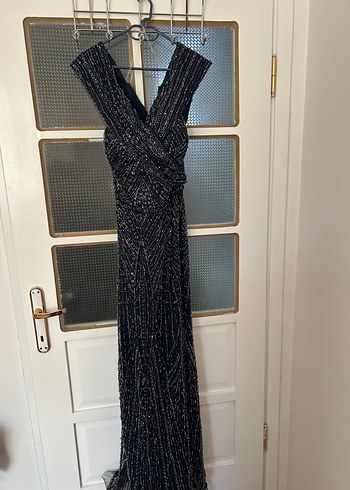 Boncuk İşlemeli Siyah Uzun Büyük Beden Abiye Elbise - Görsel 2