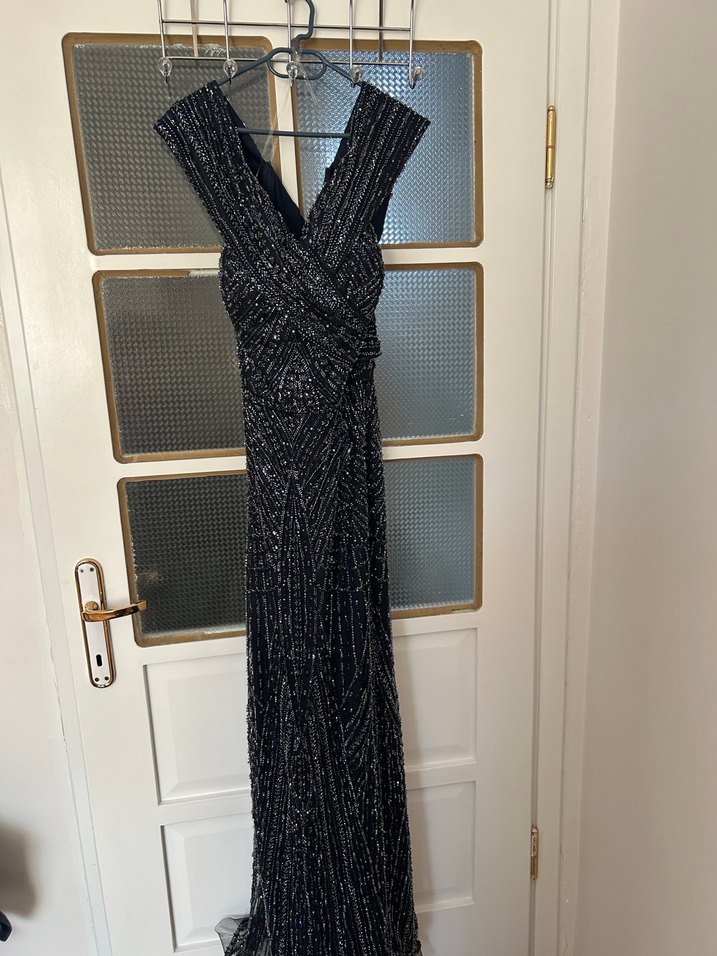 Boncuk İşlemeli Siyah Uzun Büyük Beden Abiye Elbise - Görsel 2