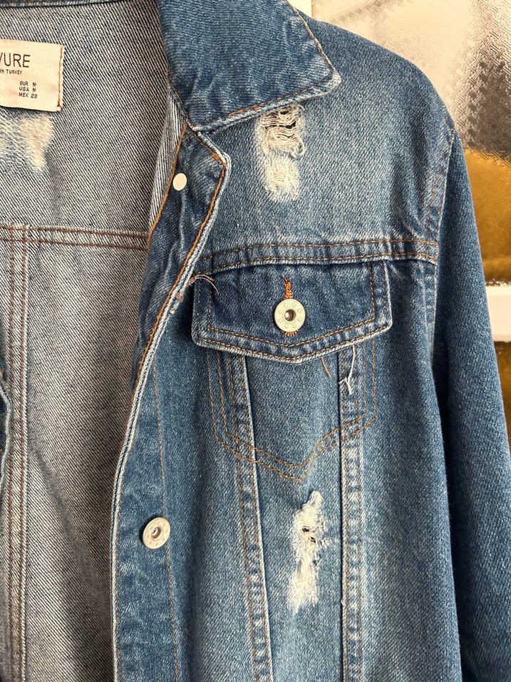 Düğmeli Mavi Kadın Jean Ceket eskitmeli - Görsel 3
