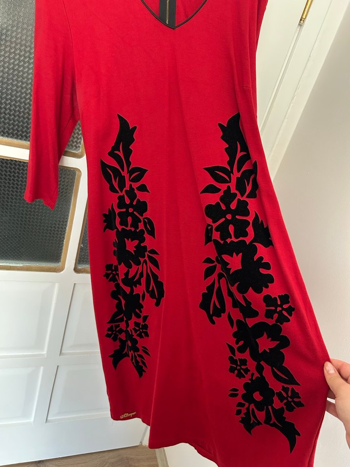 Kırmızı V Yaka Midi Elbise - Görsel 2