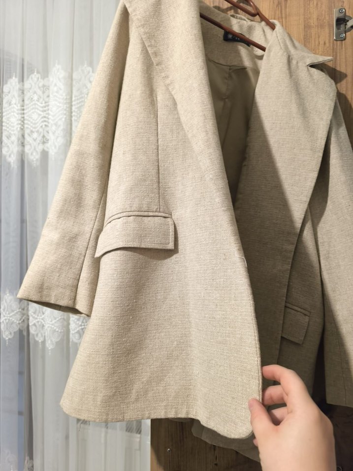 Bej Düğmeli Kadın Midi Keten ceget minik terziden - Görsel 4