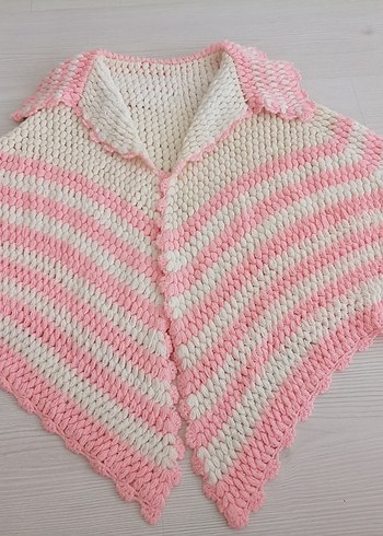 Pembe Çizgili El Örgüsü Bebek Pelerini - Görsel 11