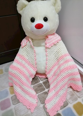 Pembe Çizgili El Örgüsü Bebek Pelerini - Görsel 3