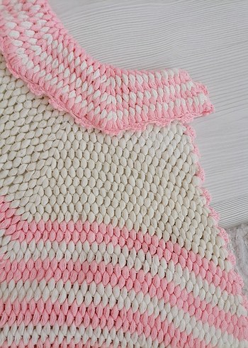 Pembe Çizgili El Örgüsü Bebek Pelerini - Görsel 7