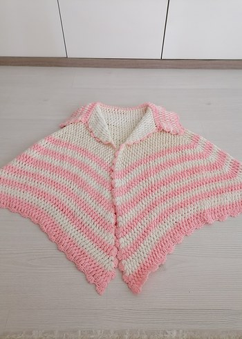 Pembe Çizgili El Örgüsü Bebek Pelerini - Görsel 13