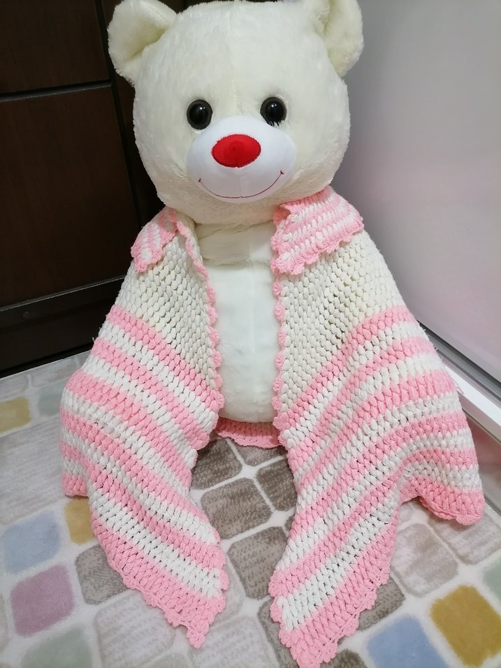 Pembe Çizgili El Örgüsü Bebek Pelerini - Görsel 3