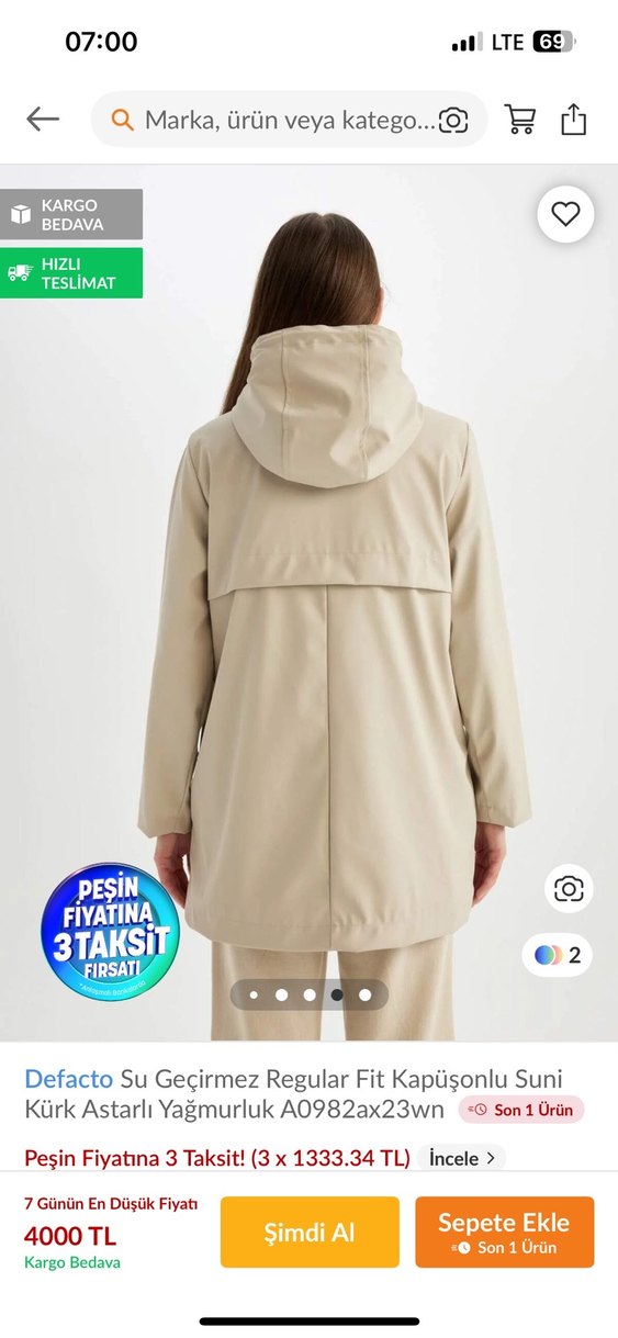 Defacto Bej Su Geçirmez Kapüşonlu Yağmurluk - Görsel 2