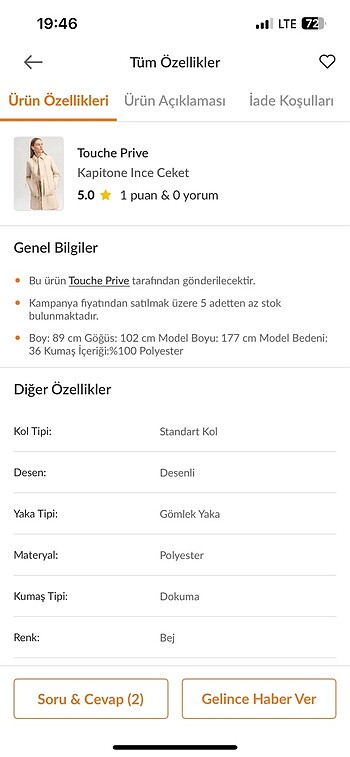m Beden ten rengi Renk Touche Prive
