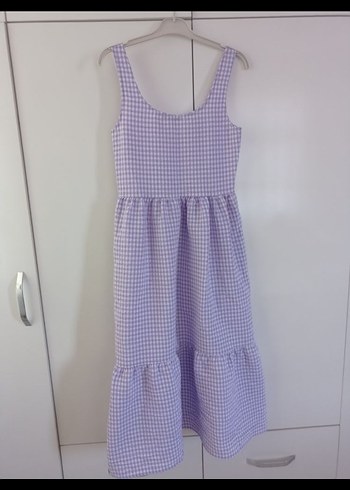 Mor Kareli Midi Kolsuz Elbise - Görsel 3