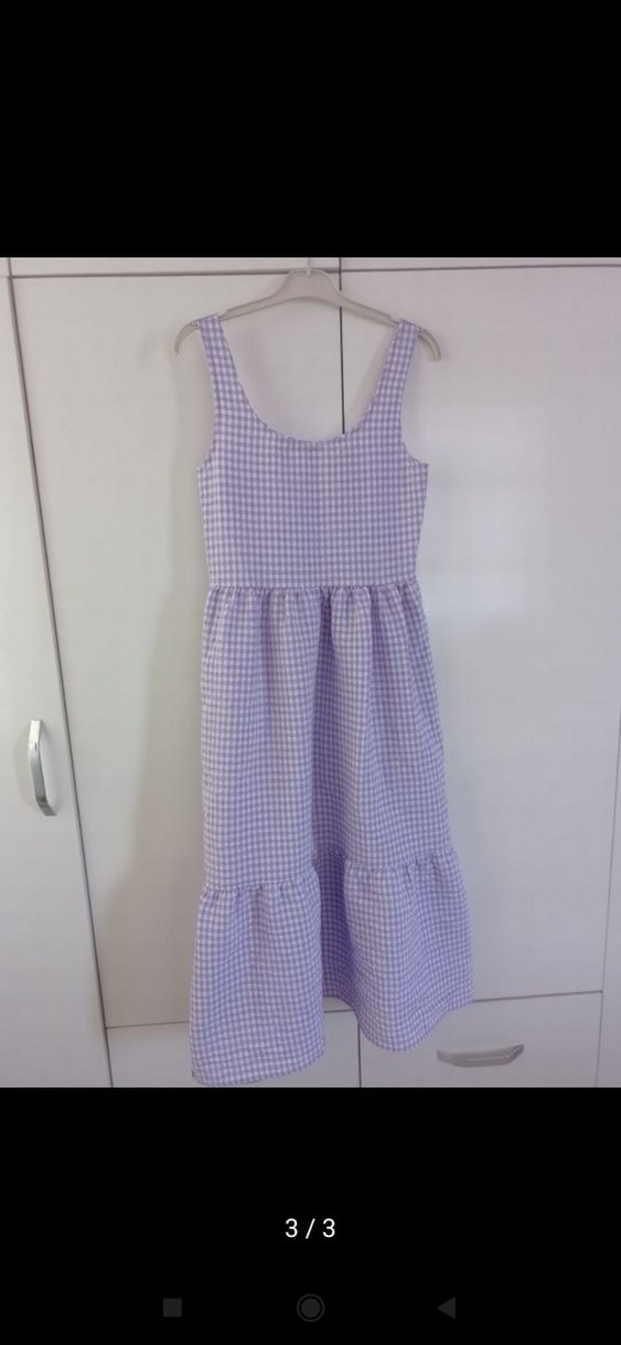 Mor Kareli Midi Kolsuz Elbise - Görsel 3