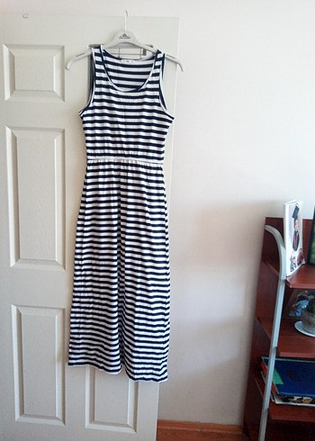 Lacivert Beyaz Çizgili uzun elbise - Görsel 6