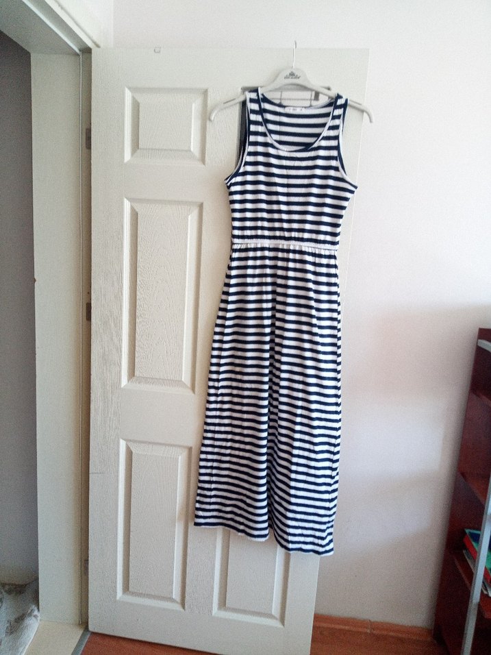 Lacivert Beyaz Çizgili uzun elbise - Görsel 2