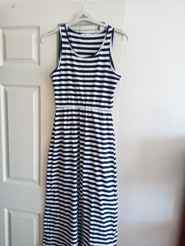 Lacivert Beyaz Çizgili uzun elbise - Görsel 4