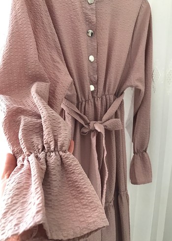 Pudra pembesi 

Uzun Keten Elbise, Fırfırlı, Bol Kesim - Görsel 3