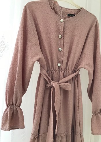 Pudra pembesi 

Uzun Keten Elbise, Fırfırlı, Bol Kesim - Görsel 2