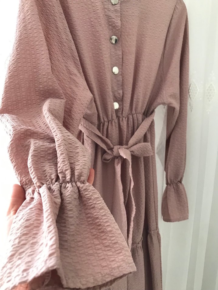 Pudra pembesi 

Uzun Keten Elbise, Fırfırlı, Bol Kesim - Görsel 3