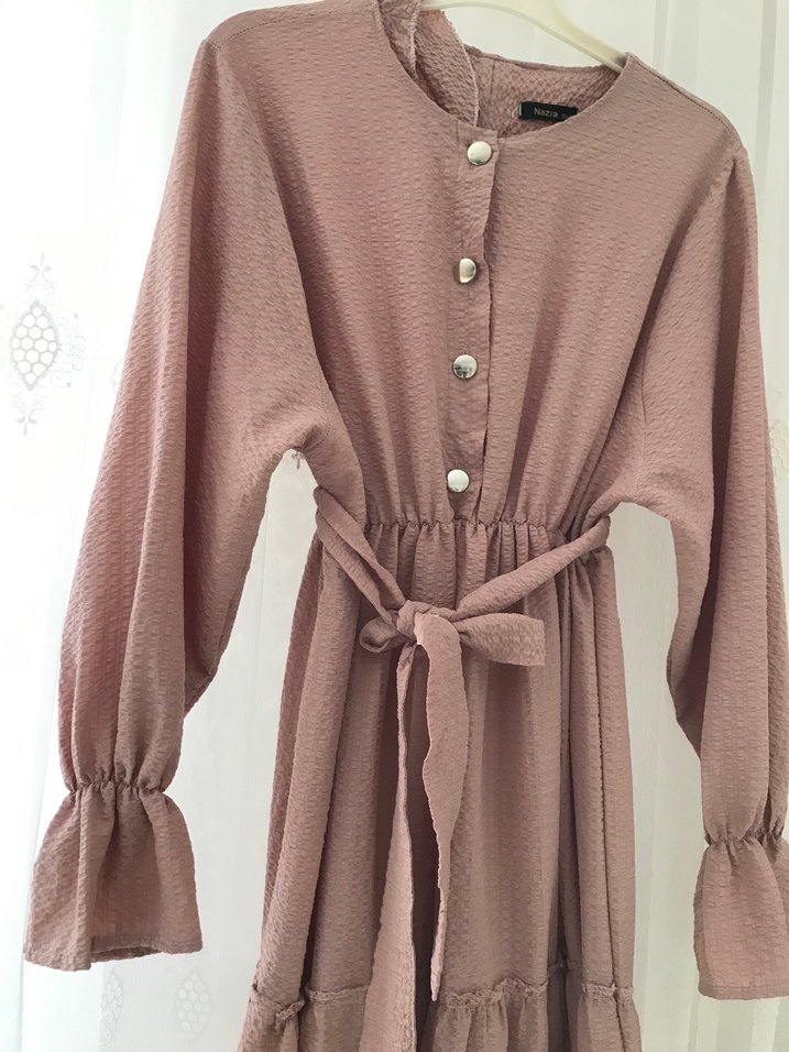 Pudra pembesi 

Uzun Keten Elbise, Fırfırlı, Bol Kesim - Görsel 2