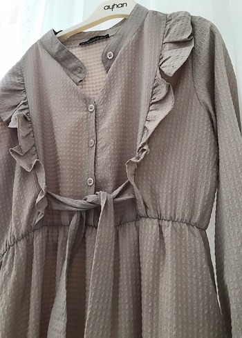 Bej Fırfırlı Uzun Keten Elbise - Görsel 4