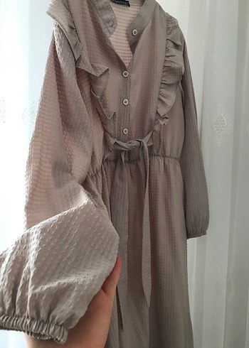 Bej Fırfırlı Uzun Keten Elbise - Görsel 2
