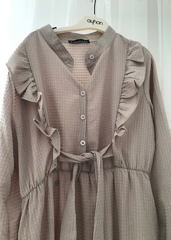 Bej Fırfırlı Uzun Keten Elbise - Görsel 3