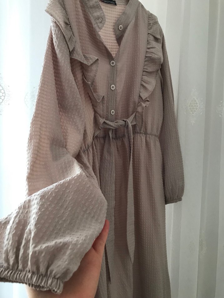 Bej Fırfırlı Uzun Keten Elbise - Görsel 2