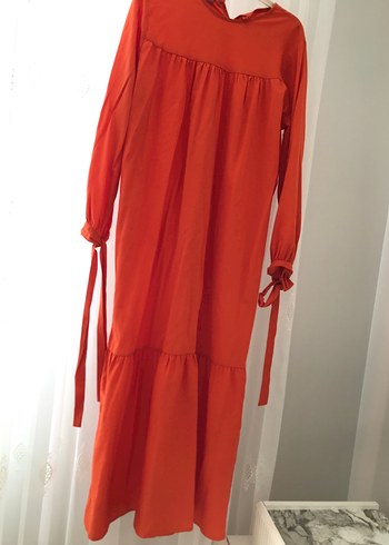 Uzun, Turuncu, Salaş, Yüksek Yakalı Kadın Elbise - Görsel 3