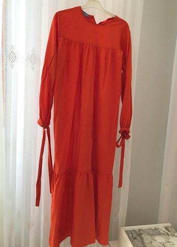 Uzun, Turuncu, Salaş, Yüksek Yakalı Kadın Elbise - Görsel 6