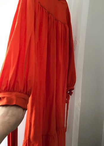 Uzun, Turuncu, Salaş, Yüksek Yakalı Kadın Elbise - Görsel 4