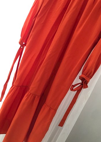 Uzun, Turuncu, Salaş, Yüksek Yakalı Kadın Elbise - Görsel 2