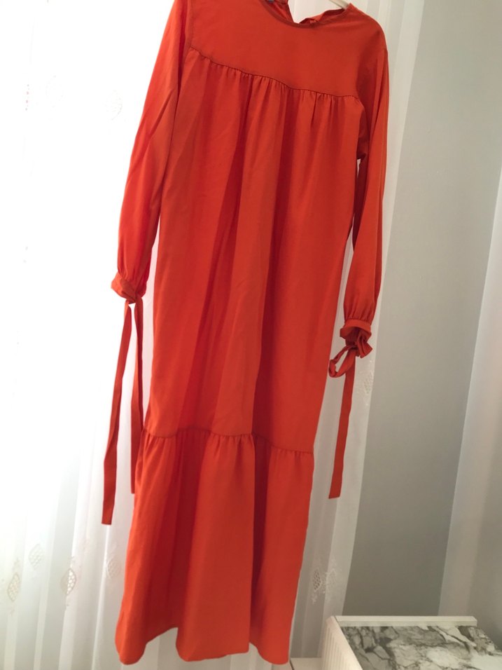 Uzun, Turuncu, Salaş, Yüksek Yakalı Kadın Elbise - Görsel 3