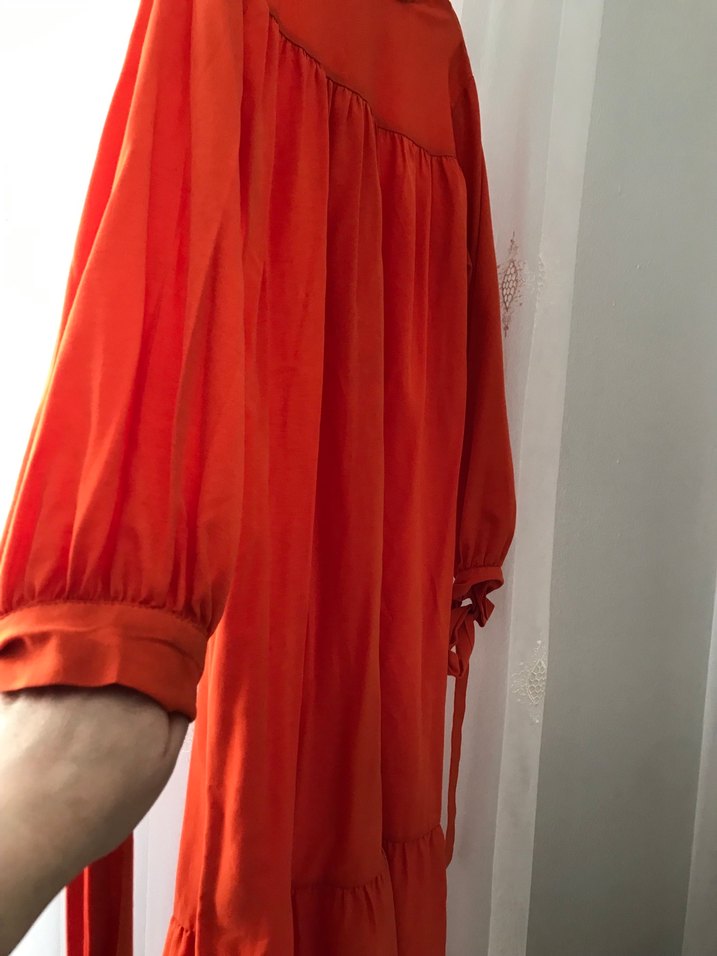 Uzun, Turuncu, Salaş, Yüksek Yakalı Kadın Elbise - Görsel 4