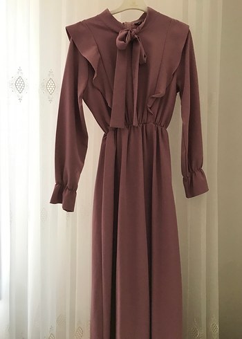 Pembe Uzun Kollu Fırfırlı Uzun Elbise - Görsel 4