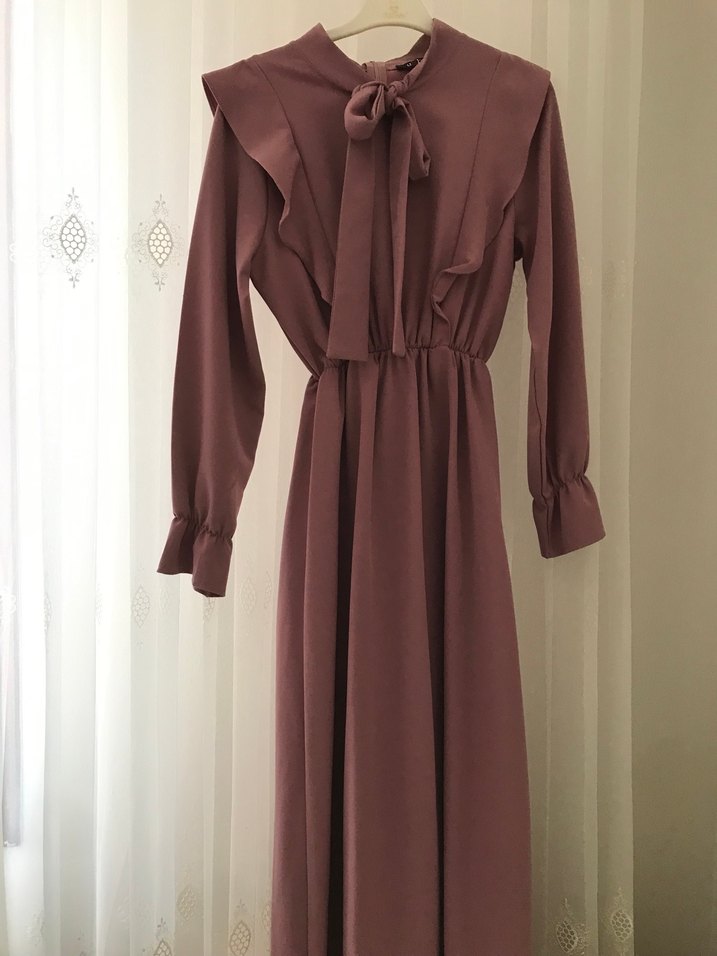 Pembe Uzun Kollu Fırfırlı Uzun Elbise - Görsel 4