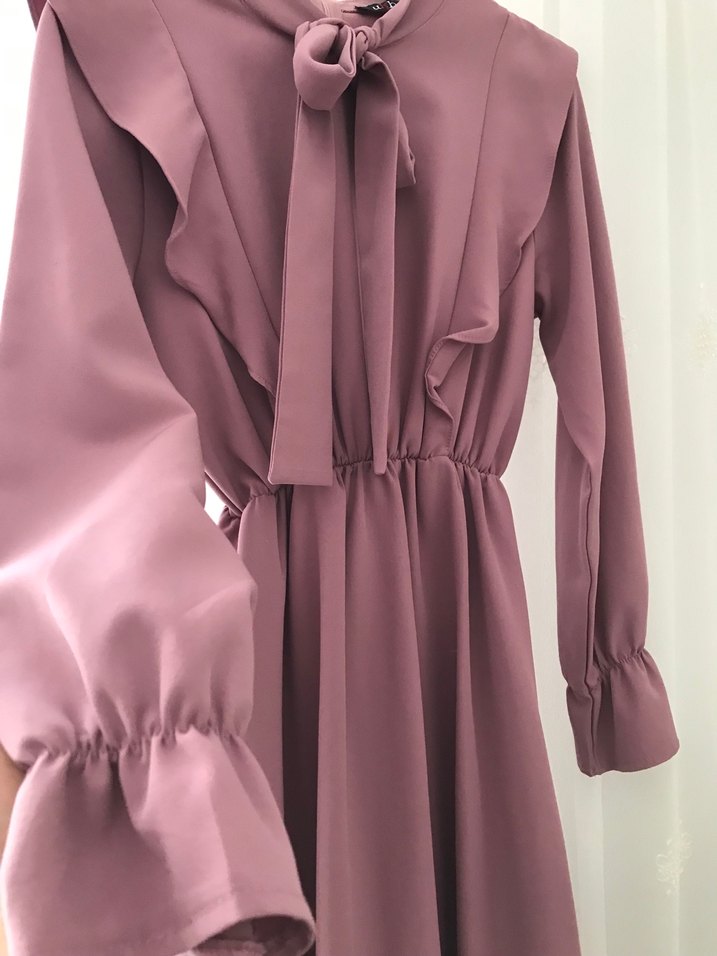 Pembe Uzun Kollu Fırfırlı Uzun Elbise - Görsel 3