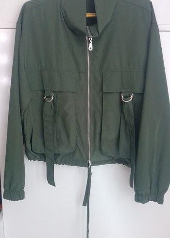 38 Beden Kadın Haki Kemerli Mini Bomber Ceket