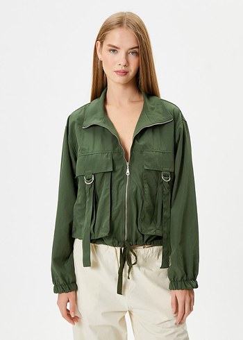 Kadın Haki Kemerli Mini Bomber Ceket