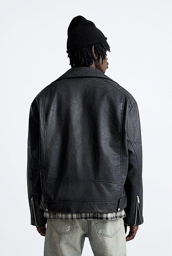 m Beden Zara Oversize Suni Deri Biker Ceket