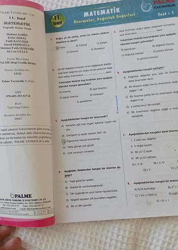  11. Sınıf Matematik Yaprak Konu Testi - Palme Yayıncılık