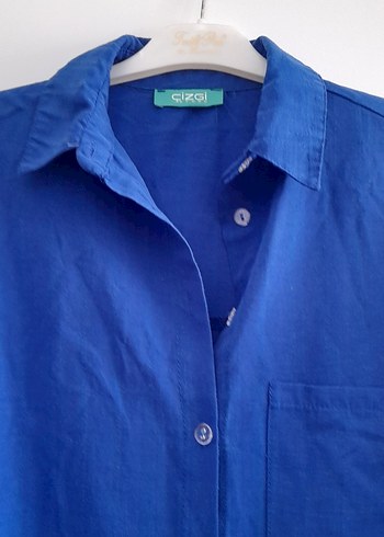 Düğmeli Mavi Keten Kadın Gömlek - Görsel 2