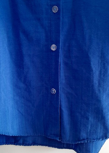 Düğmeli Mavi Keten Kadın Gömlek - Görsel 4