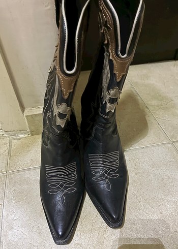 Kahverengi Nakışlı Kadın Deri kovboy çizmesi - Görsel 2