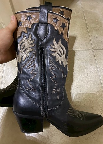 Kahverengi Nakışlı Kadın Deri kovboy çizmesi - Görsel 5