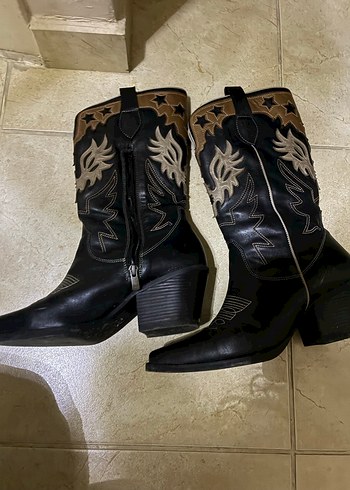 Kahverengi Nakışlı Kadın Deri kovboy çizmesi - Görsel 3