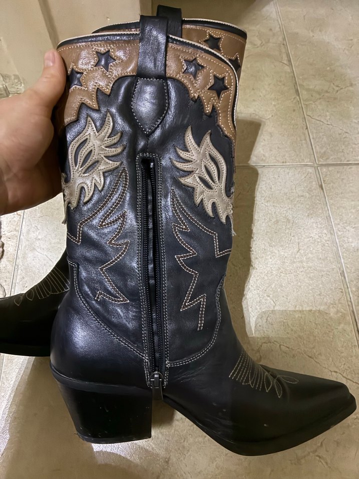 Kahverengi Nakışlı Kadın Deri kovboy çizmesi - Görsel 5