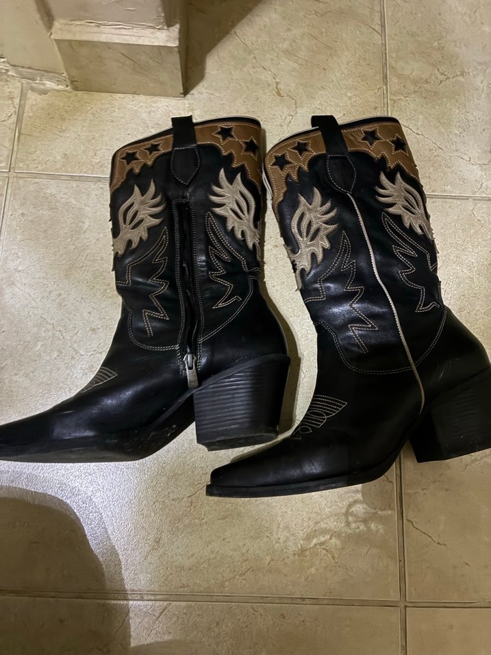 Kahverengi Nakışlı Kadın Deri kovboy çizmesi - Görsel 3